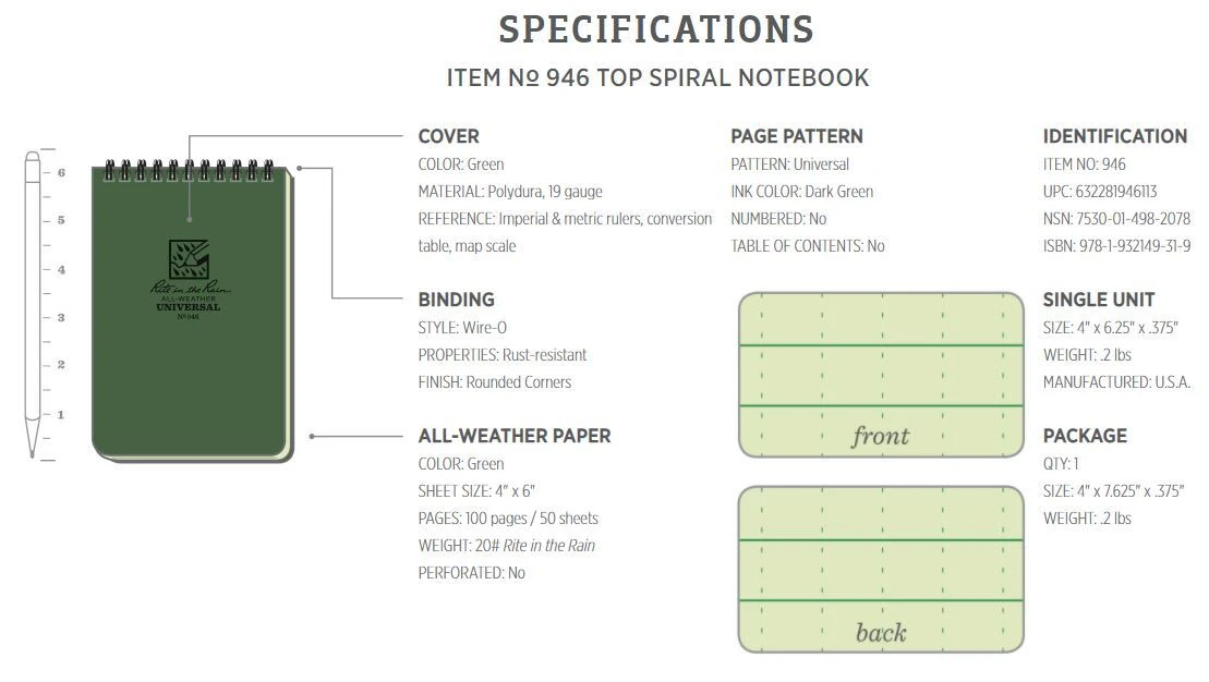 Rite In The Rain No. 946 All Weather Notebook 4x6" OD Green 5 Rite In The Rain No. 946 All Weather Notebook 4x6" OD Green - Image 3